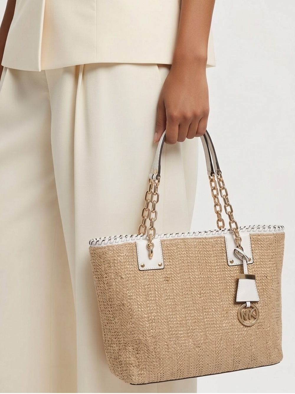 Michael Kors Rosalie Natural Straw Raffia Tote with White Trim and Gold Chains